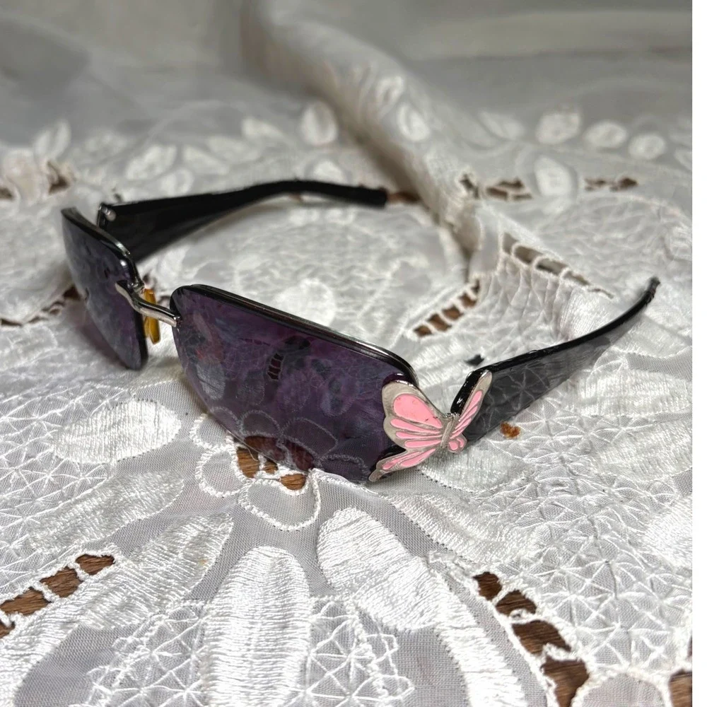 Vintage Y2K Rimless Butterfly Sunglasses Purple Gradient Lens Pink Enamel